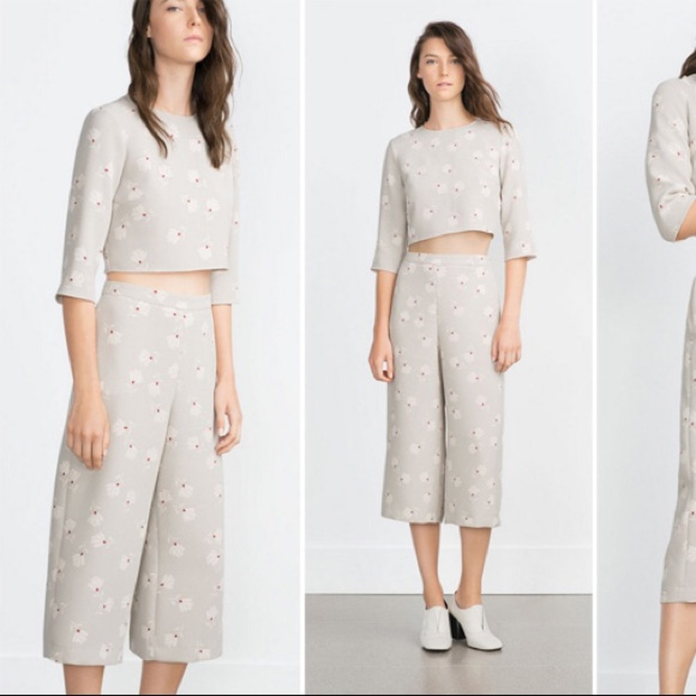 Zara floral grey pants top set sz XS M
